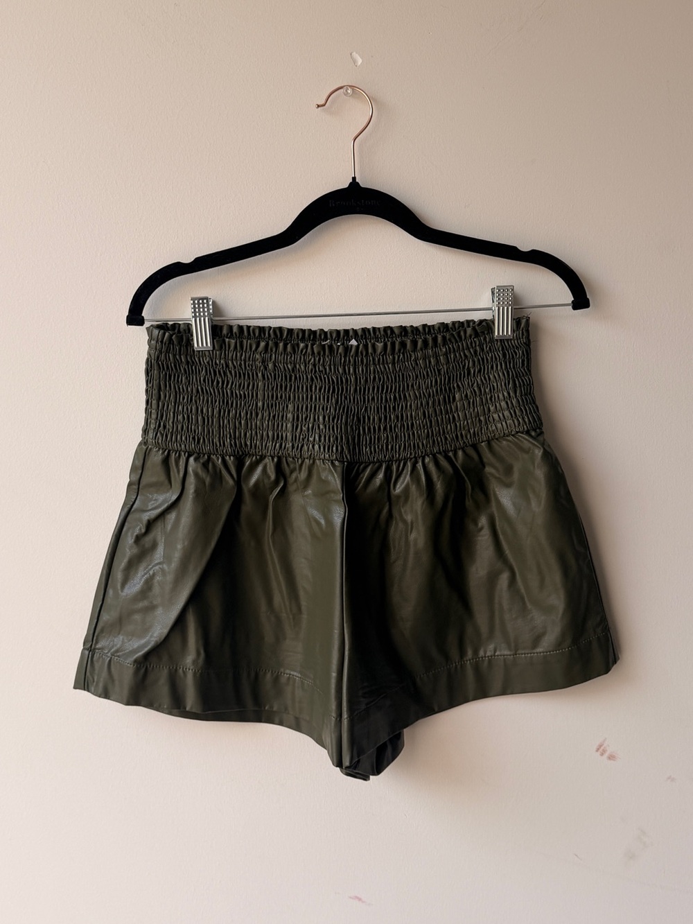 TCEC Olive High-Waist Smocked Faux Leather Shorts
